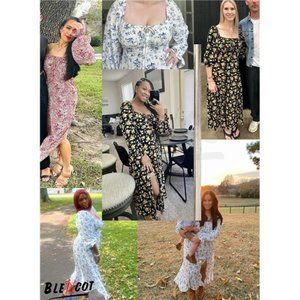 Square Neck Floral Print Dress With Puff Sleeves & Side Slit Maxi Dress